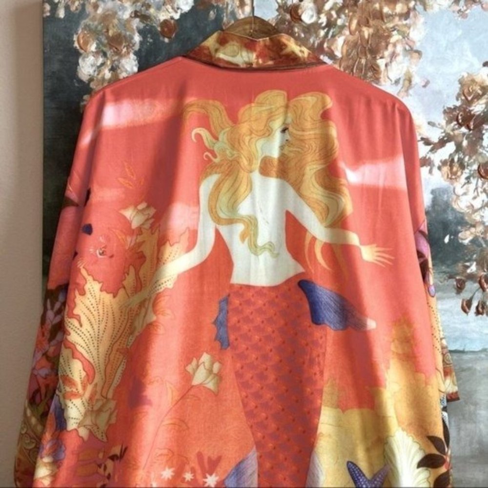 Coral Floral Satin Kimono Robe - Picture 5 of 9